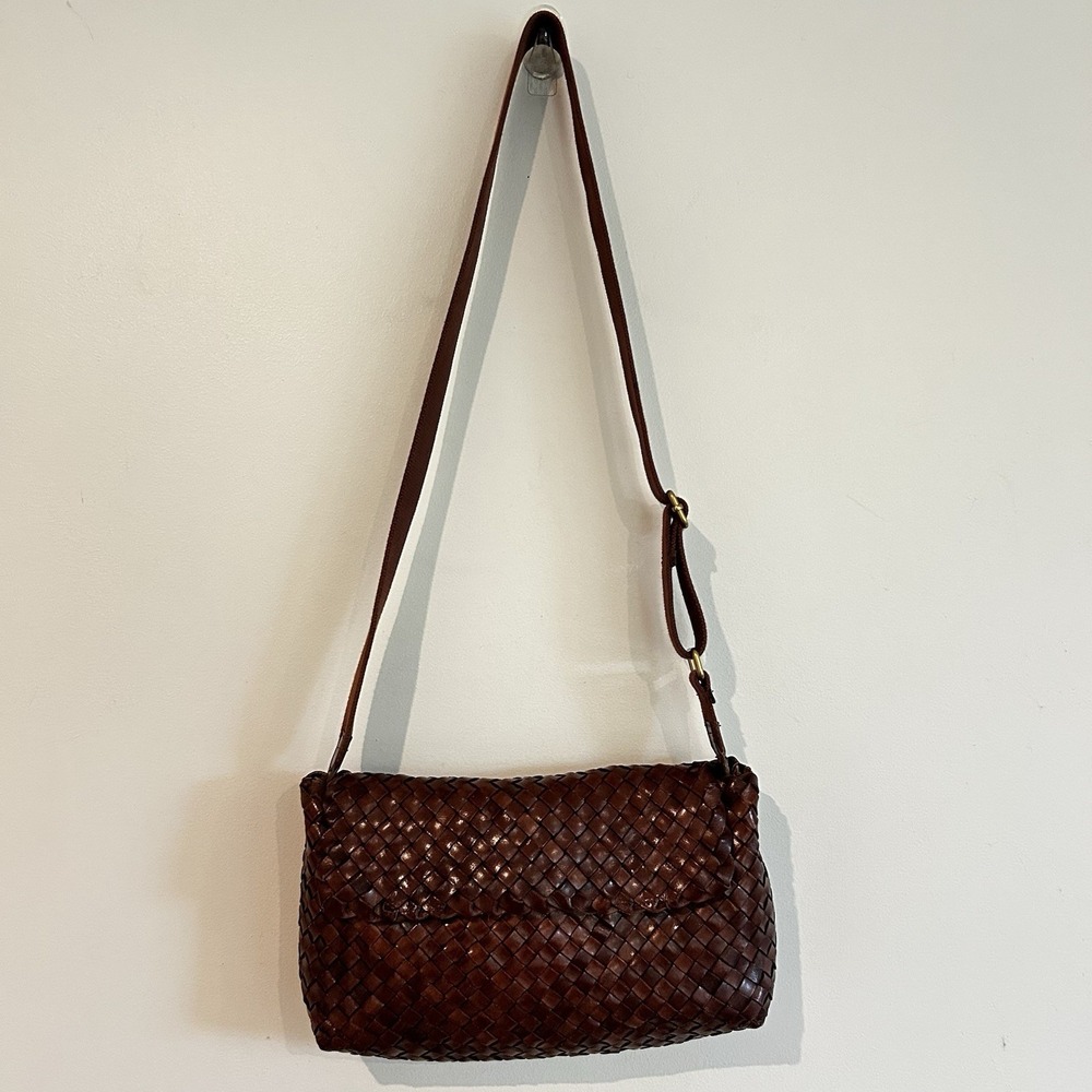 Loeffler Randall Woven Leather Shoulder Bag Brown Purse Wide Strap Adjustable - Picture 3 of 16
